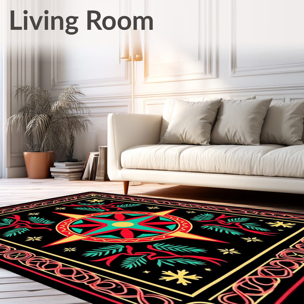 Red Teal Star Compass Foliage Border Rug