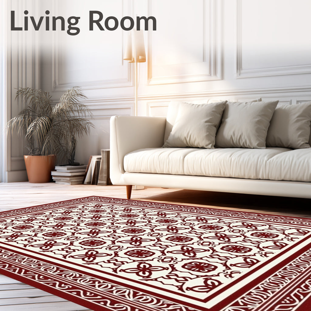 Crimson Cream Intricate Floral Border Rug