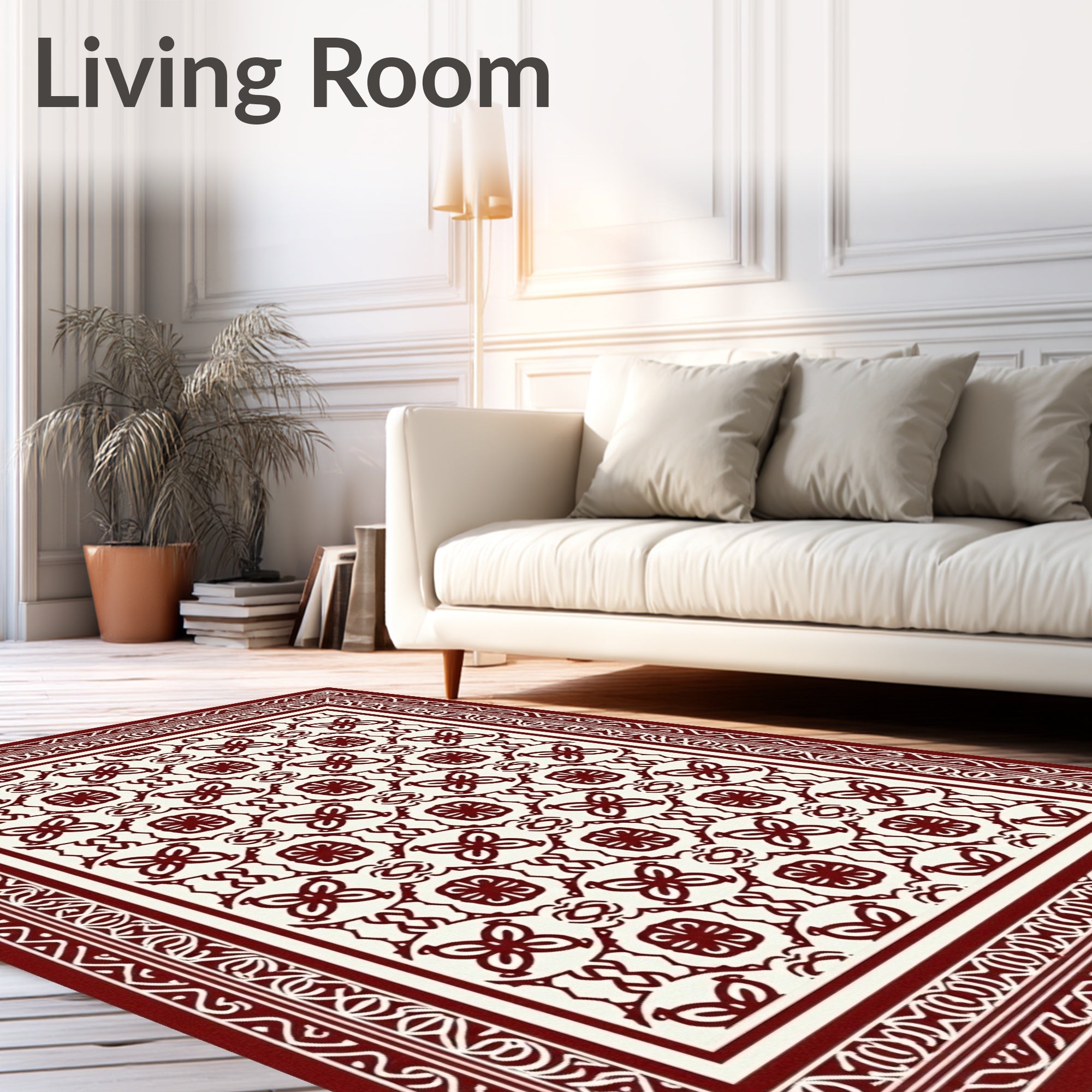 Crimson Cream Intricate Floral Border Rug