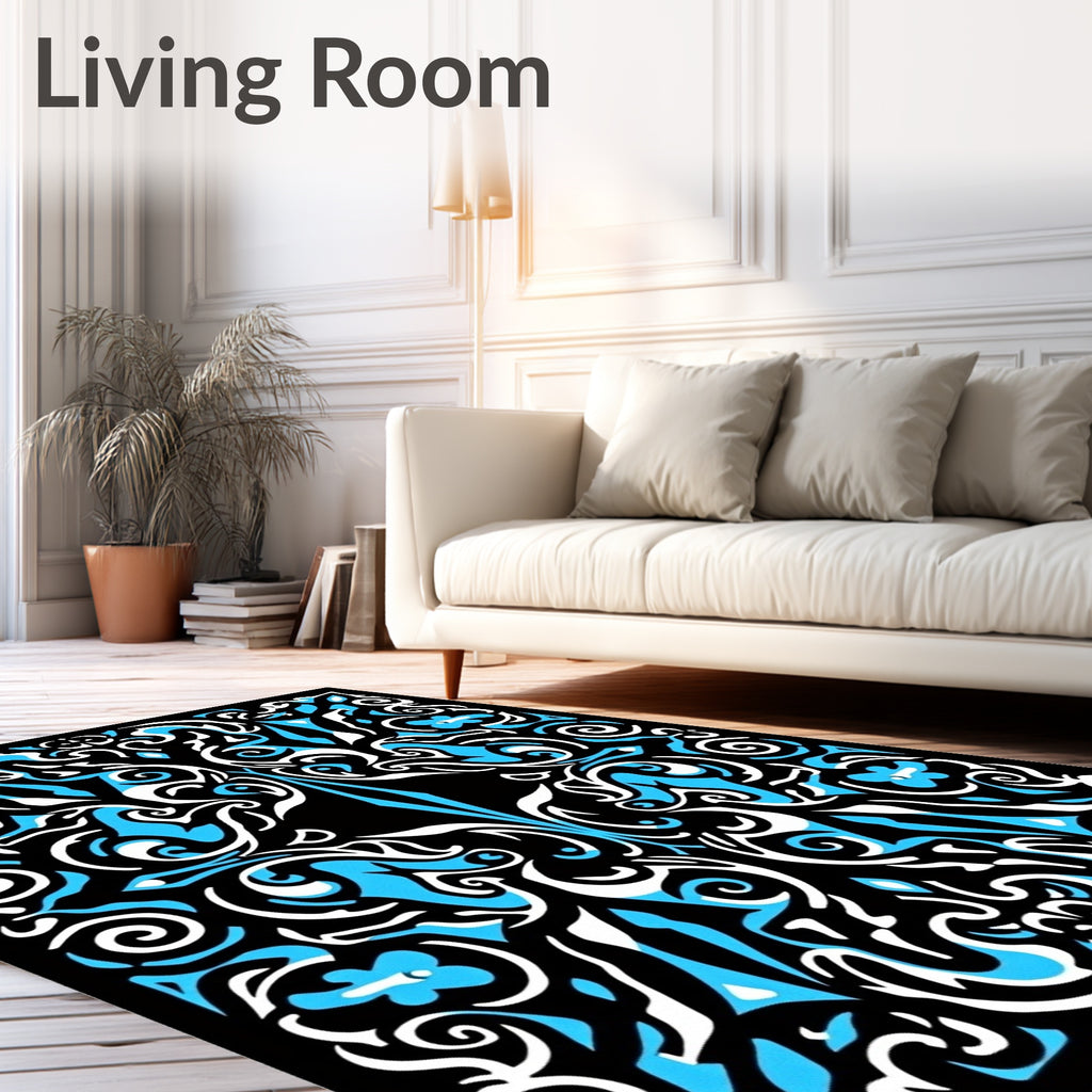 Abstract Black Blue White Swirls Rug