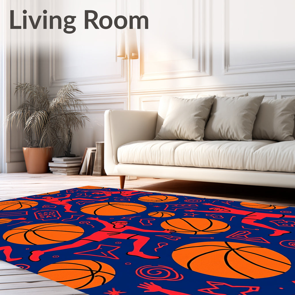 Orange Basketball Players Jumping Blue Background Rug