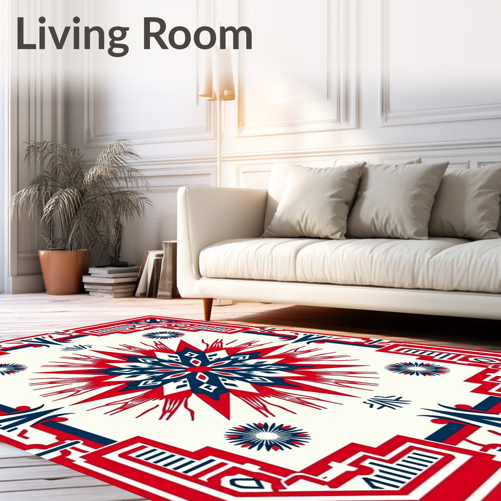 Crimson Blue Geometric Sunburst Medallion Rug