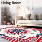 Crimson Blue Geometric Sunburst Medallion Rug