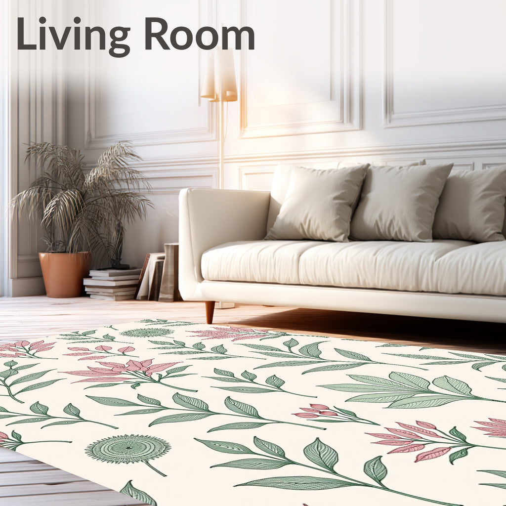 Delicate Pink Green Leafy Branches Rug