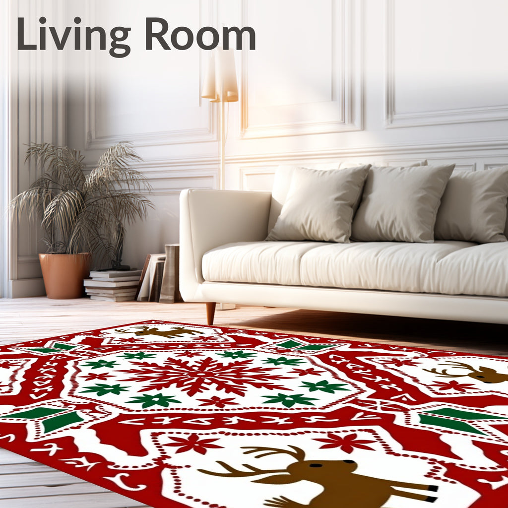 Red Christmas Reindeer Snowflake Border Rug