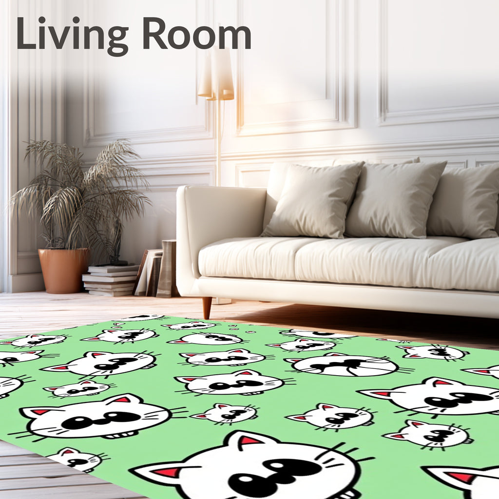 Playful White Cat Heads Light Green Background Rug