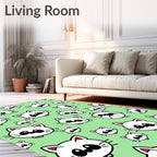 Playful White Cat Heads Light Green Background Rug