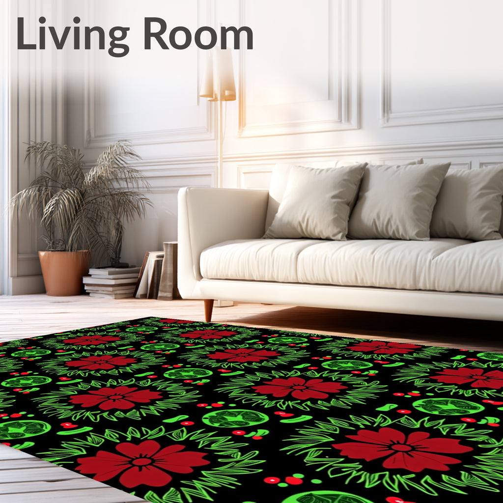 Crimson Red Floral Green Garland Rug