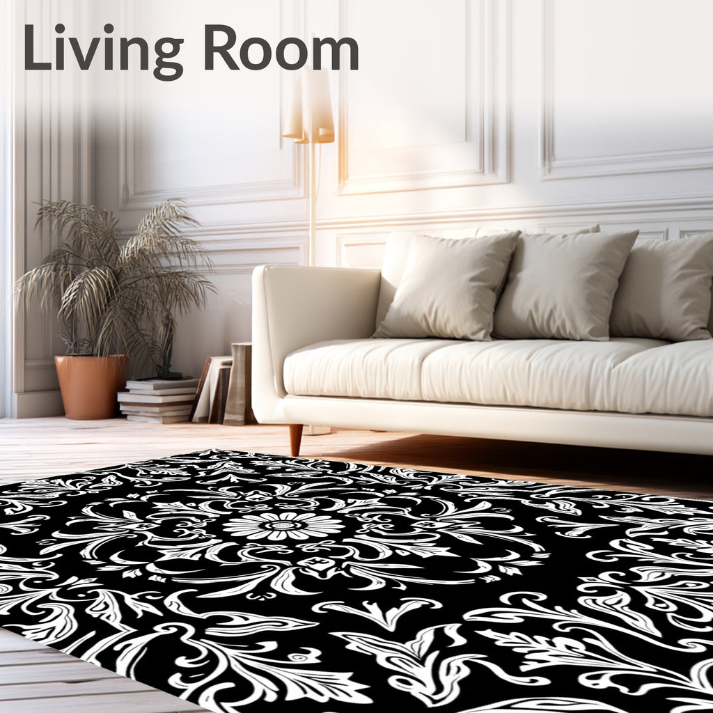 Black White Ornate Floral Bloom Rug