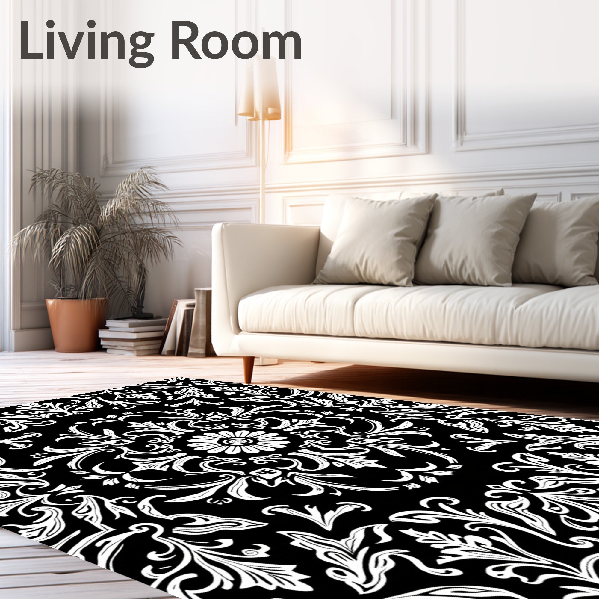 Black White Ornate Floral Bloom Rug