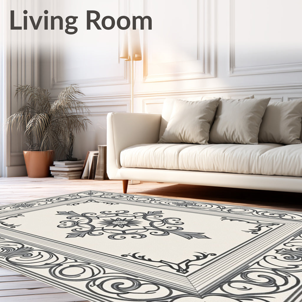 Elegant Black and Cream Floral Medallion Rug