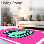Pixelated Teal Sports Car Pink Background Rug