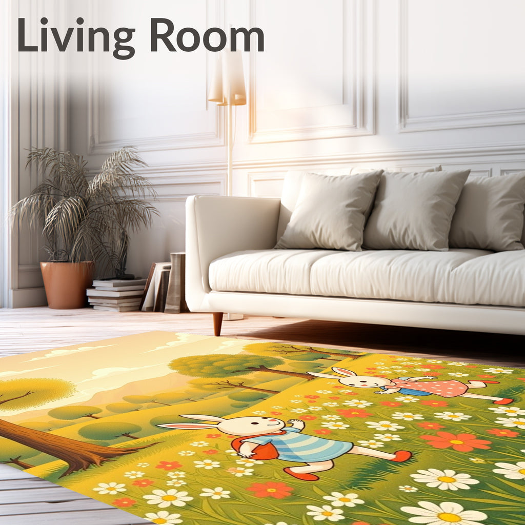 Whimsical Blooming Meadow Bunny Scene Rug