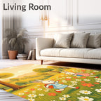 Whimsical Blooming Meadow Bunny Scene Rug