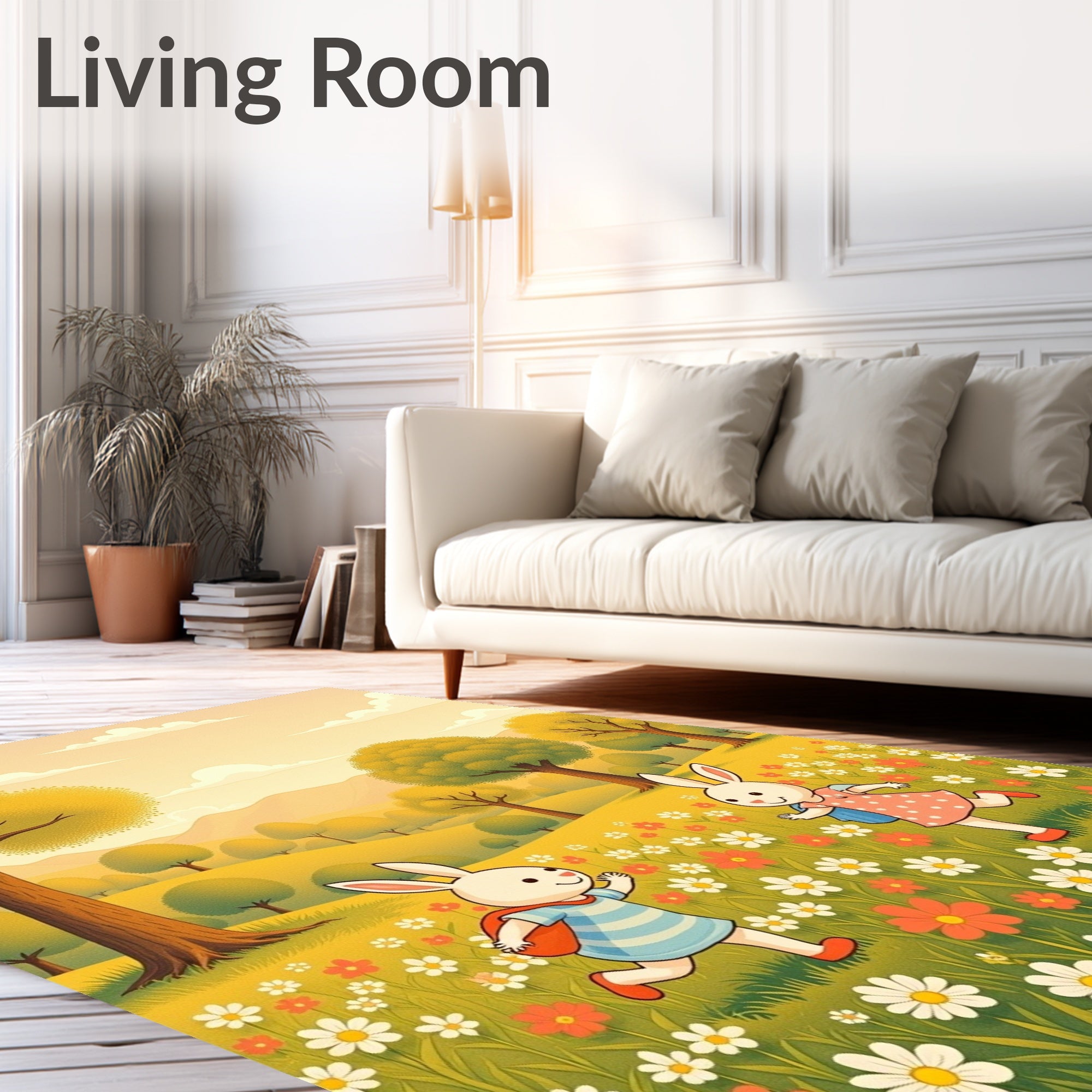 Whimsical Blooming Meadow Bunny Scene Rug