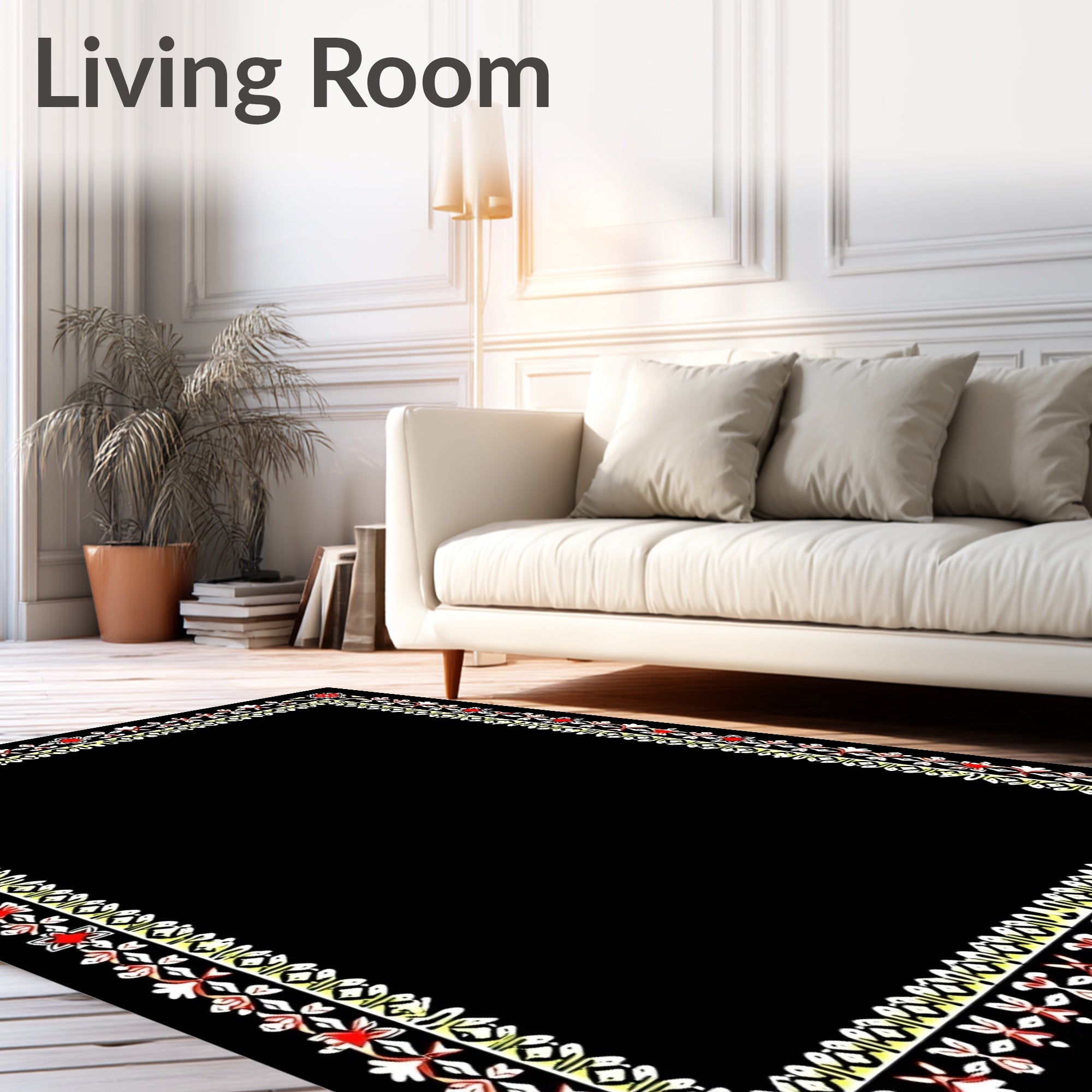 Vibrant Floral Border Red White Accents Rug