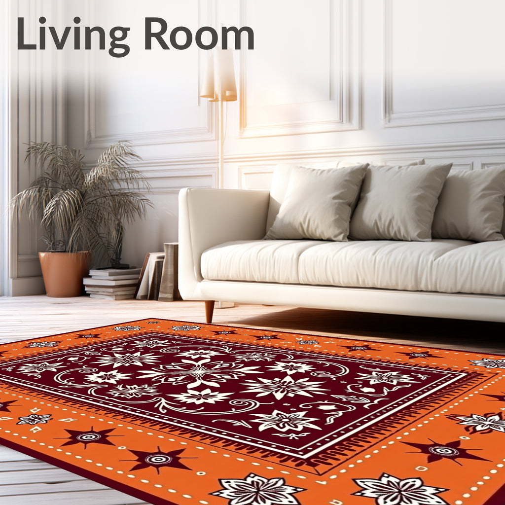 Crimson White Floral Starburst Border Rug