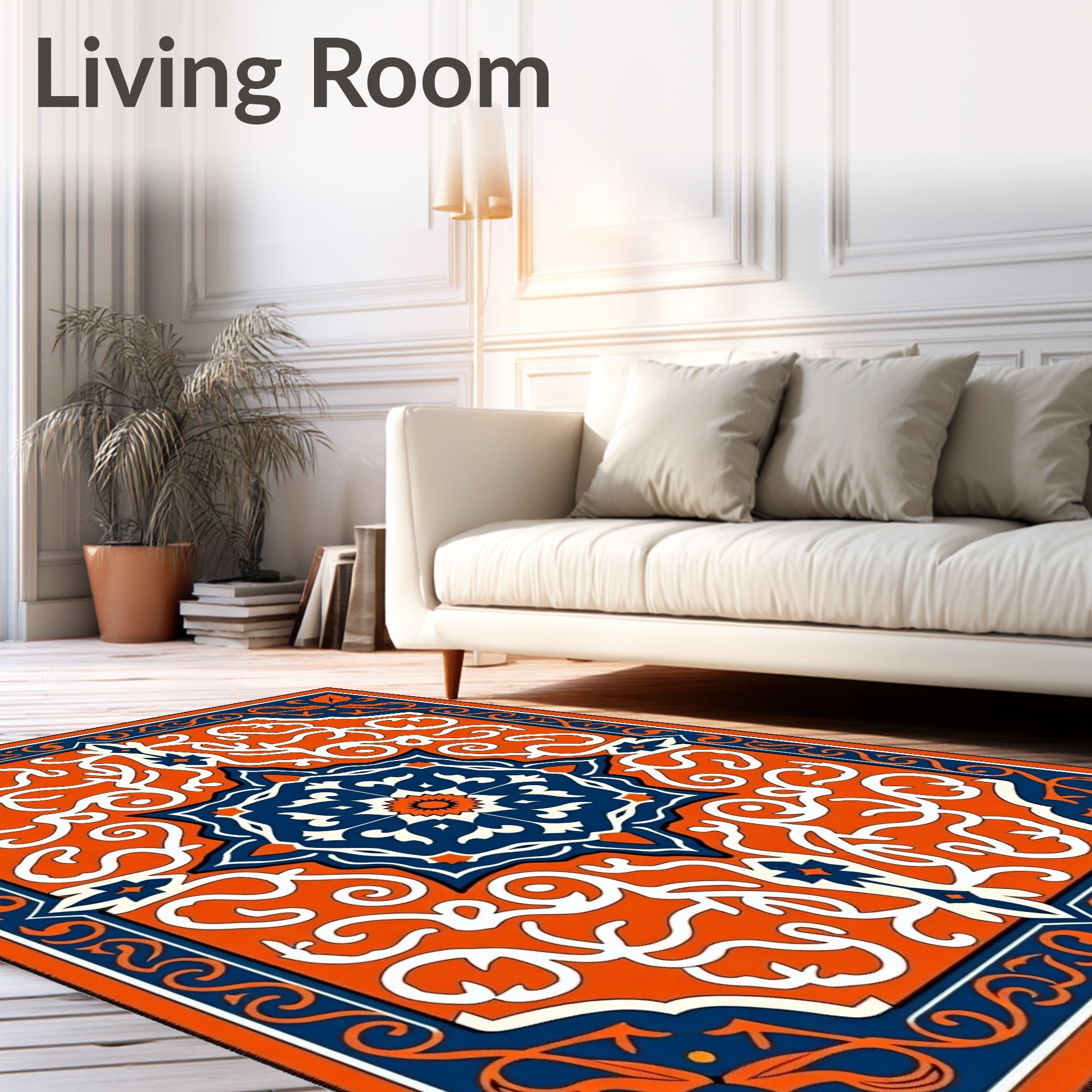 Bold Orange Indigo Floral Medallion Rug