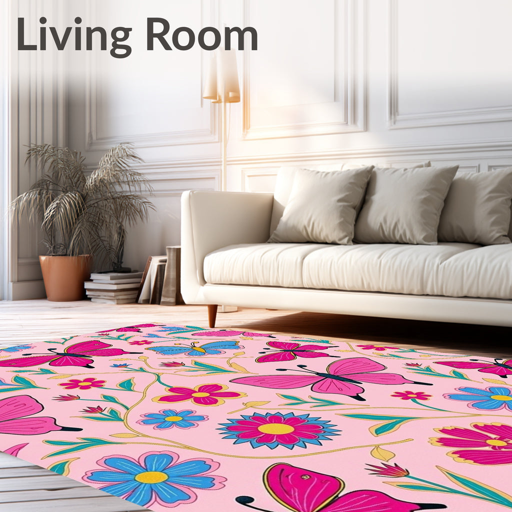 Pink Butterfly Garden Floral Swirl Rug