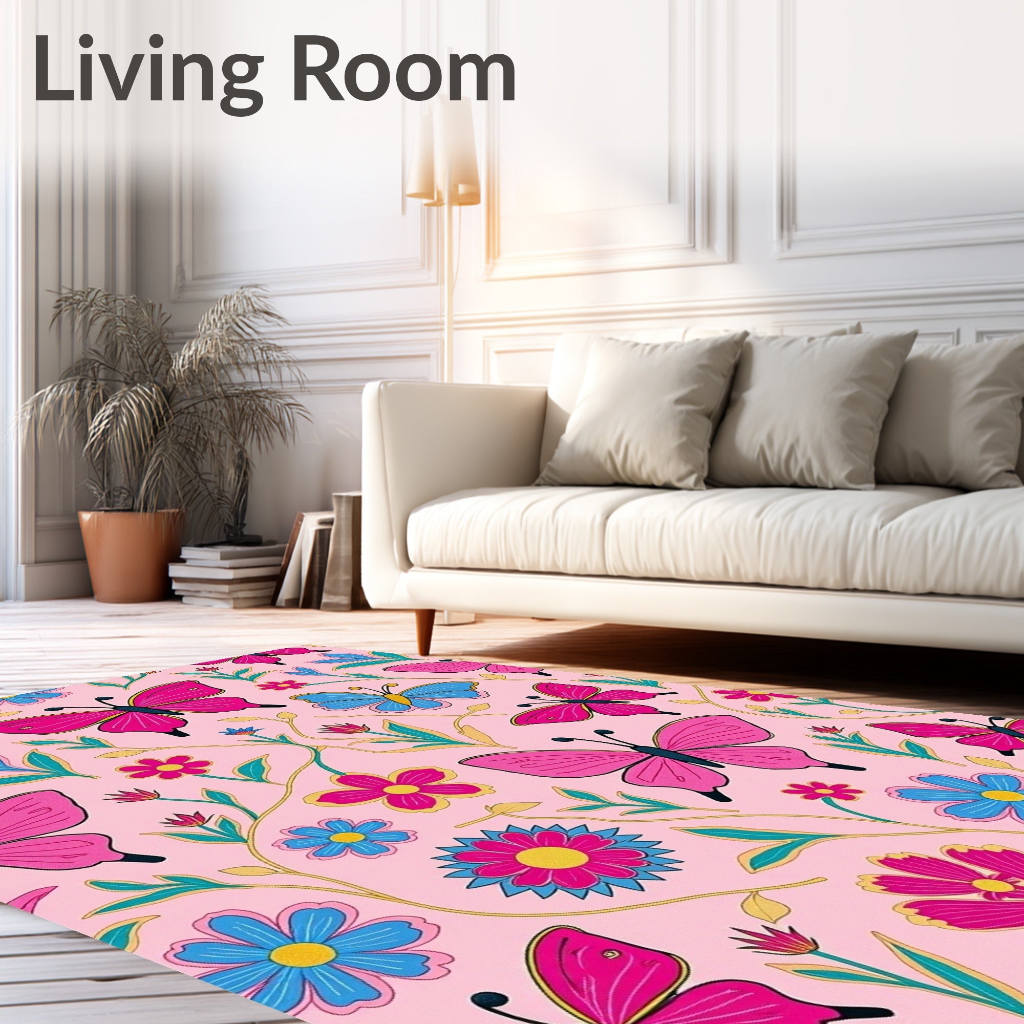 Pink Butterfly Garden Floral Swirl Rug
