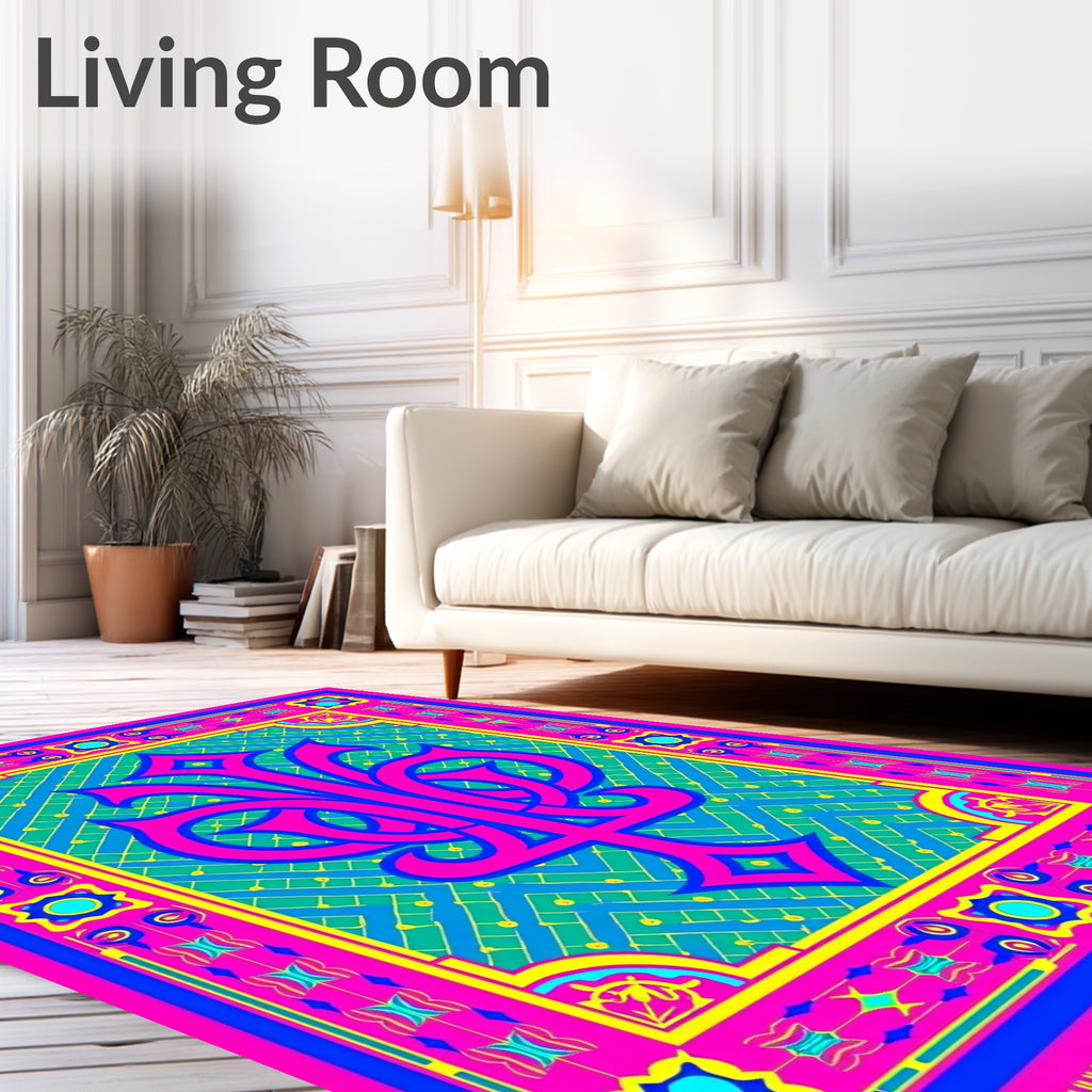 Vibrant Pink Teal Floral Frame Rug