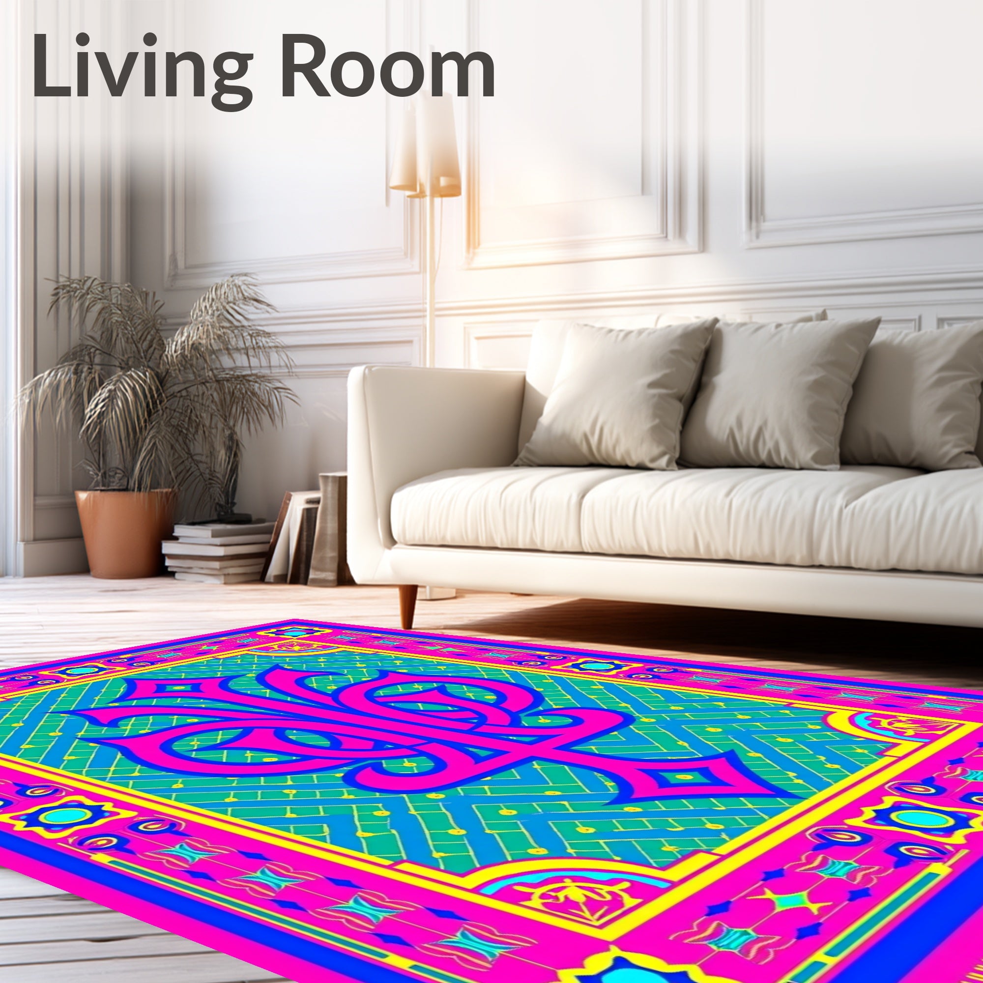 Vibrant Pink Teal Floral Frame Rug