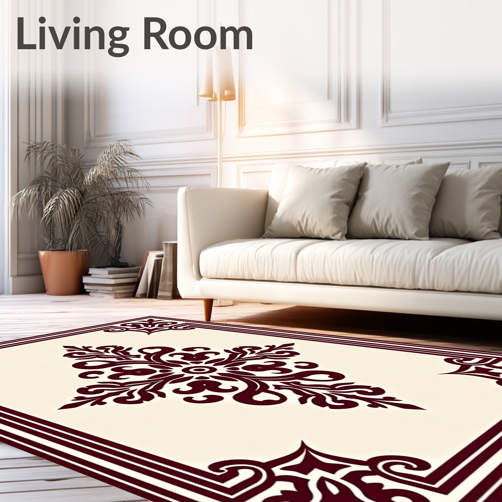 Deep Burgundy Medallion Cream Border Rug