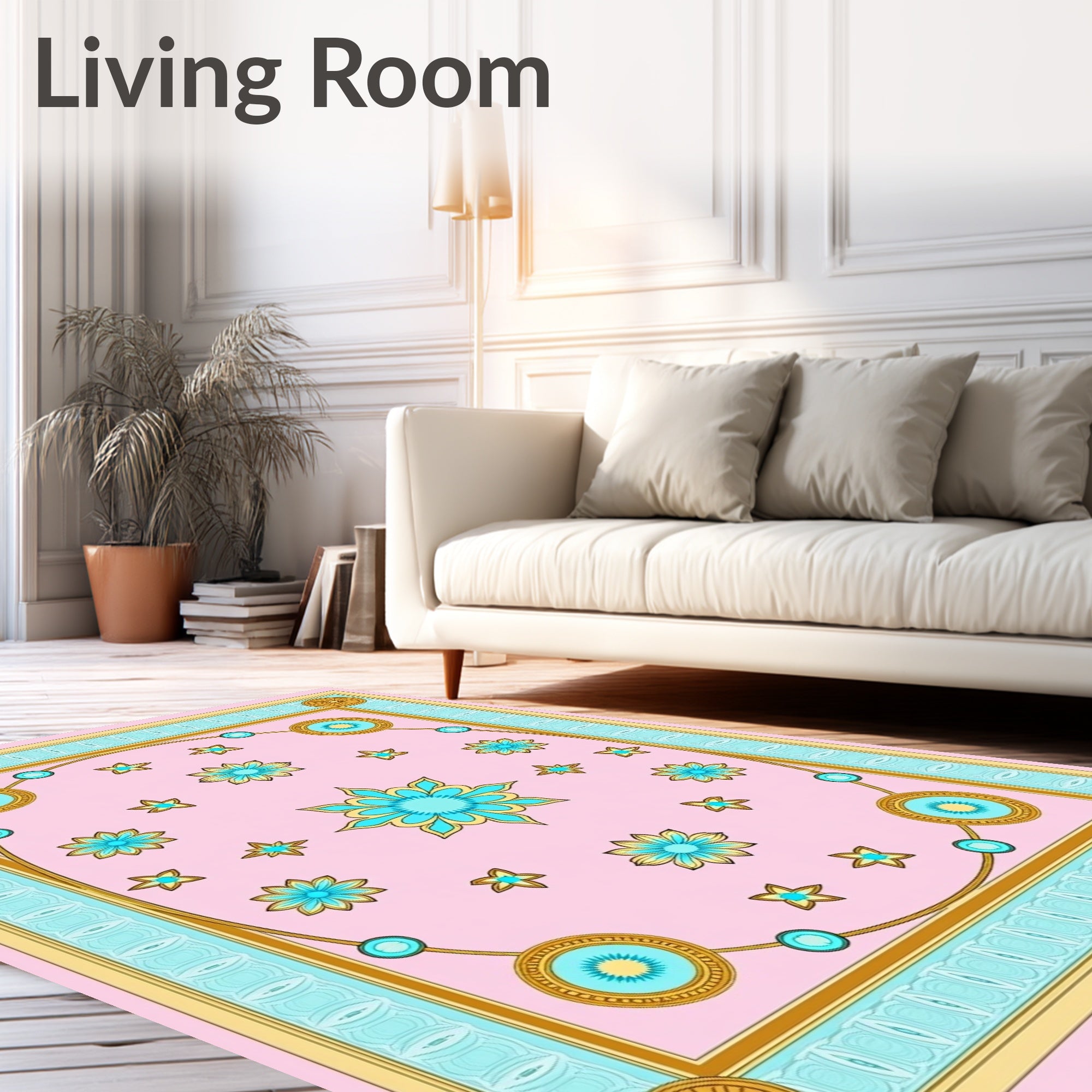 Pink Turquoise Gold Floral Medallion Frame Rug