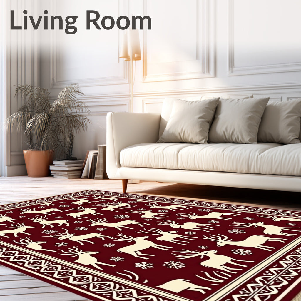 Crimson And Cream Reindeer Snowflakes Rug