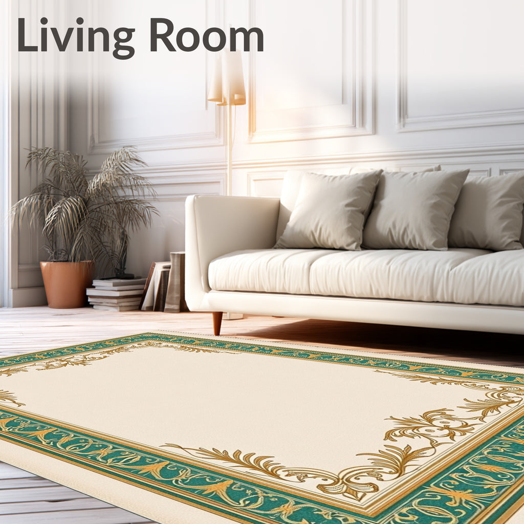 Ornate Teal and Gold Leaf Frame Rug