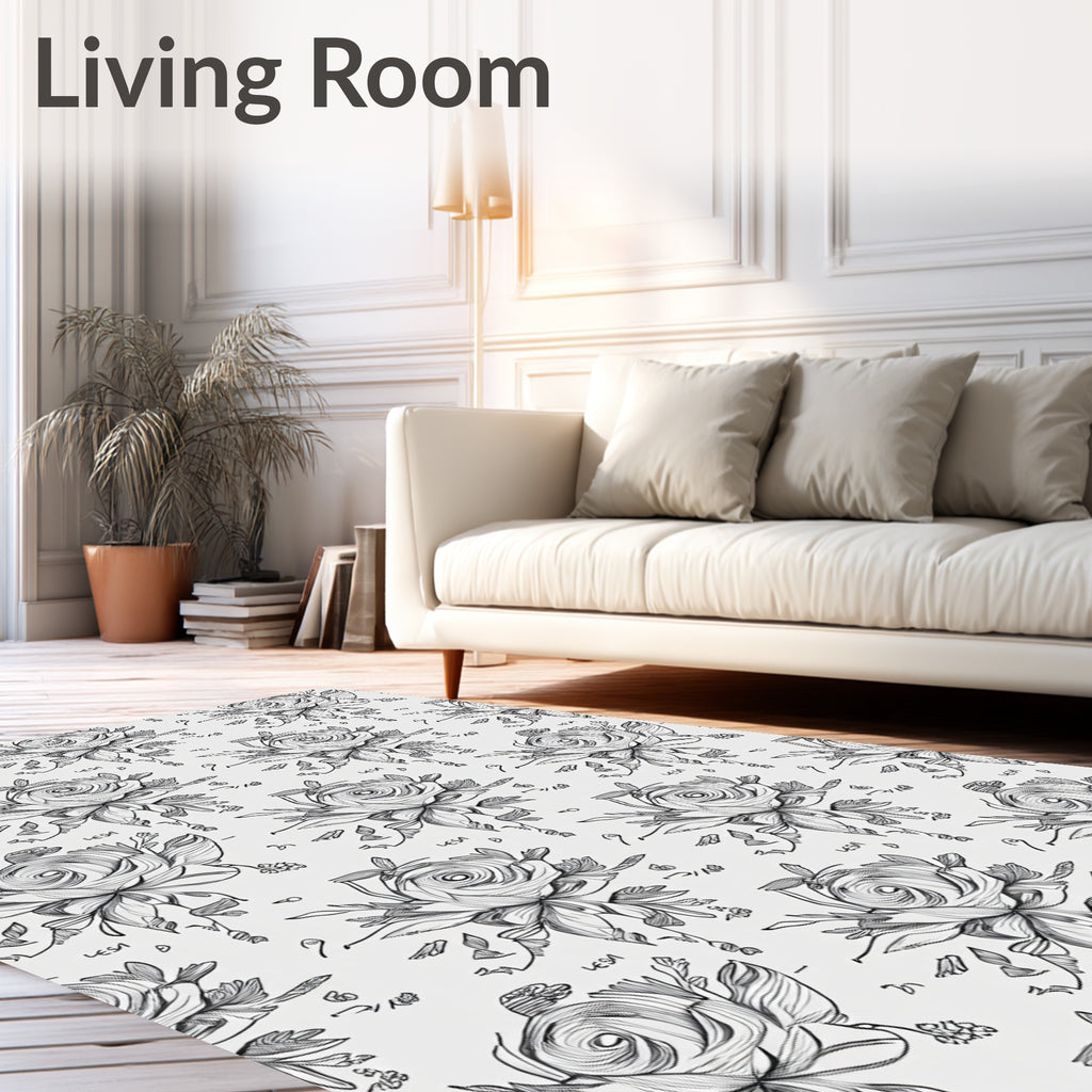 Monochromatic Line Art Rose Bouquet Rug