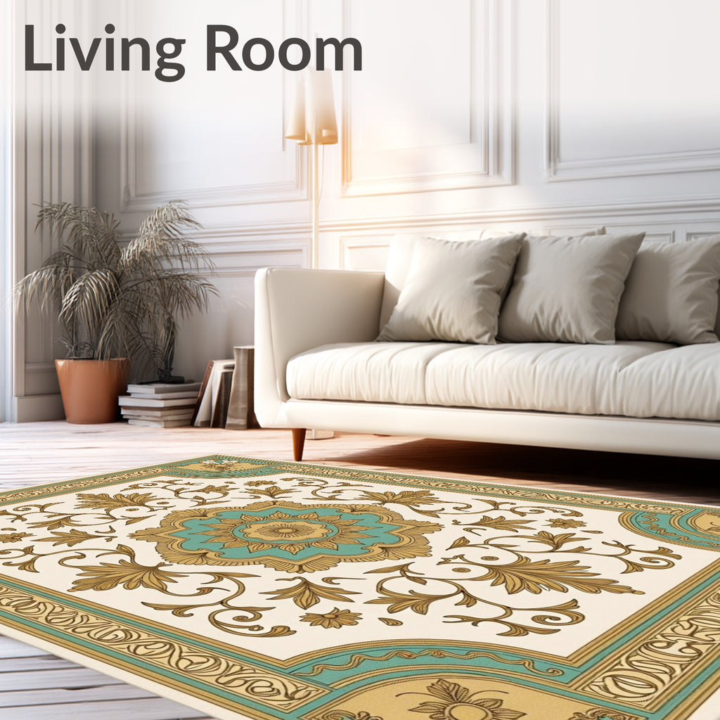 Gold Teal Floral Medallion Frame Rug