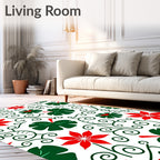 Red Floral Green Leaf Vine Swirls Rug