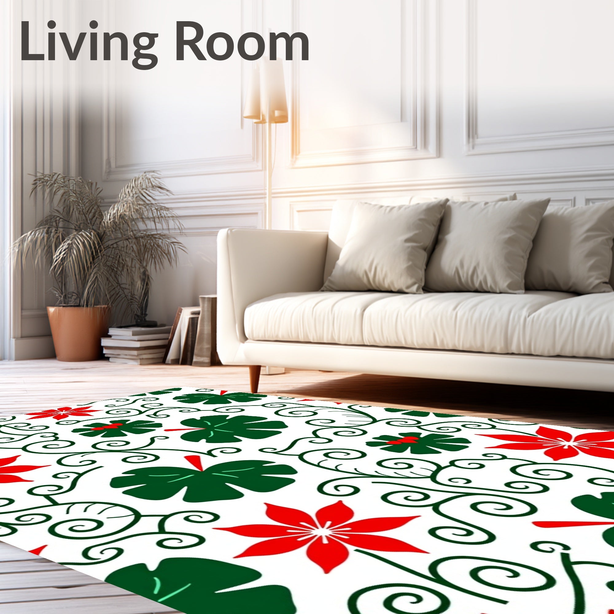 Red Floral Green Leaf Vine Swirls Rug