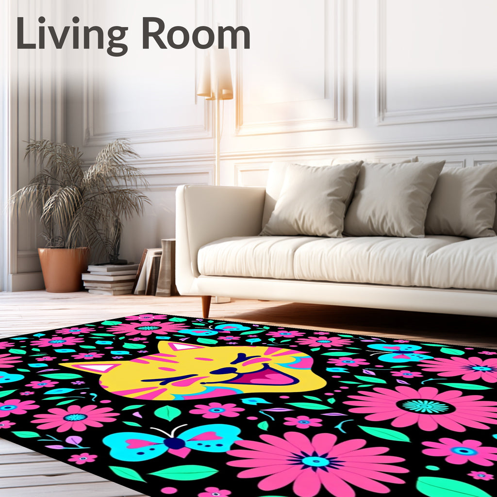 Whimsical Yellow Cat Floral Butterfly Art Rug