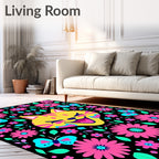 Whimsical Yellow Cat Floral Butterfly Art Rug