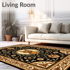 Dramatic Tiger Face Black Gold Floral Rug