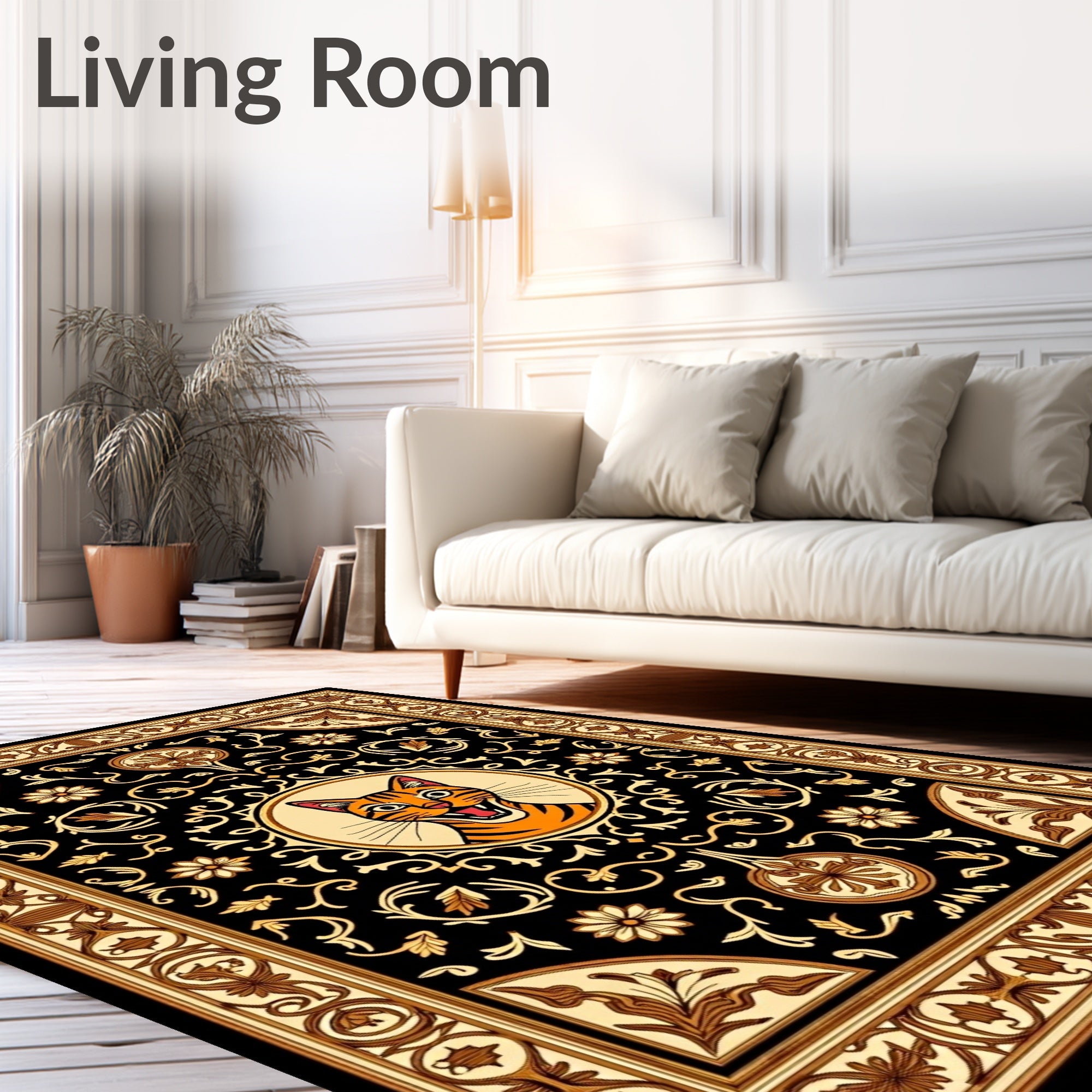 Dramatic Tiger Face Black Gold Floral Rug
