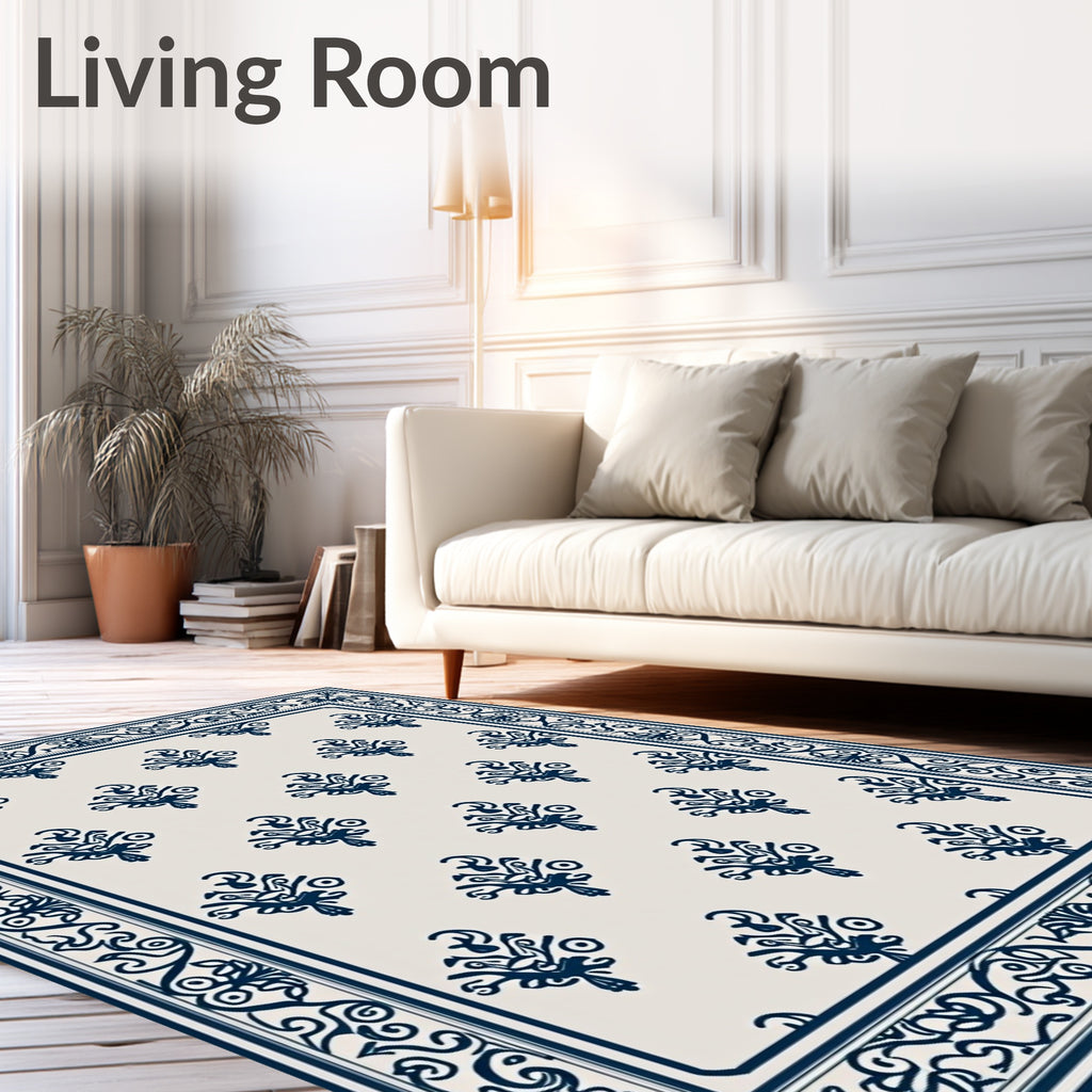 Navy Indigo Ornate Scrollwork Border Rug