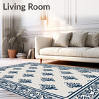 Navy Indigo Ornate Scrollwork Border Rug