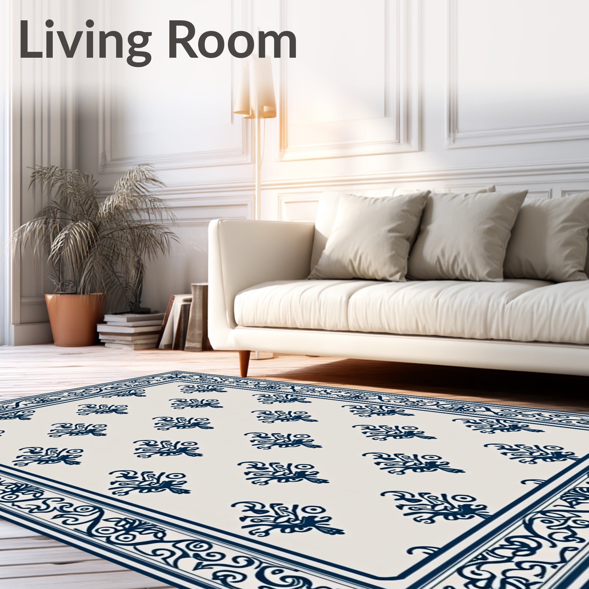 Navy Indigo Ornate Scrollwork Border Rug