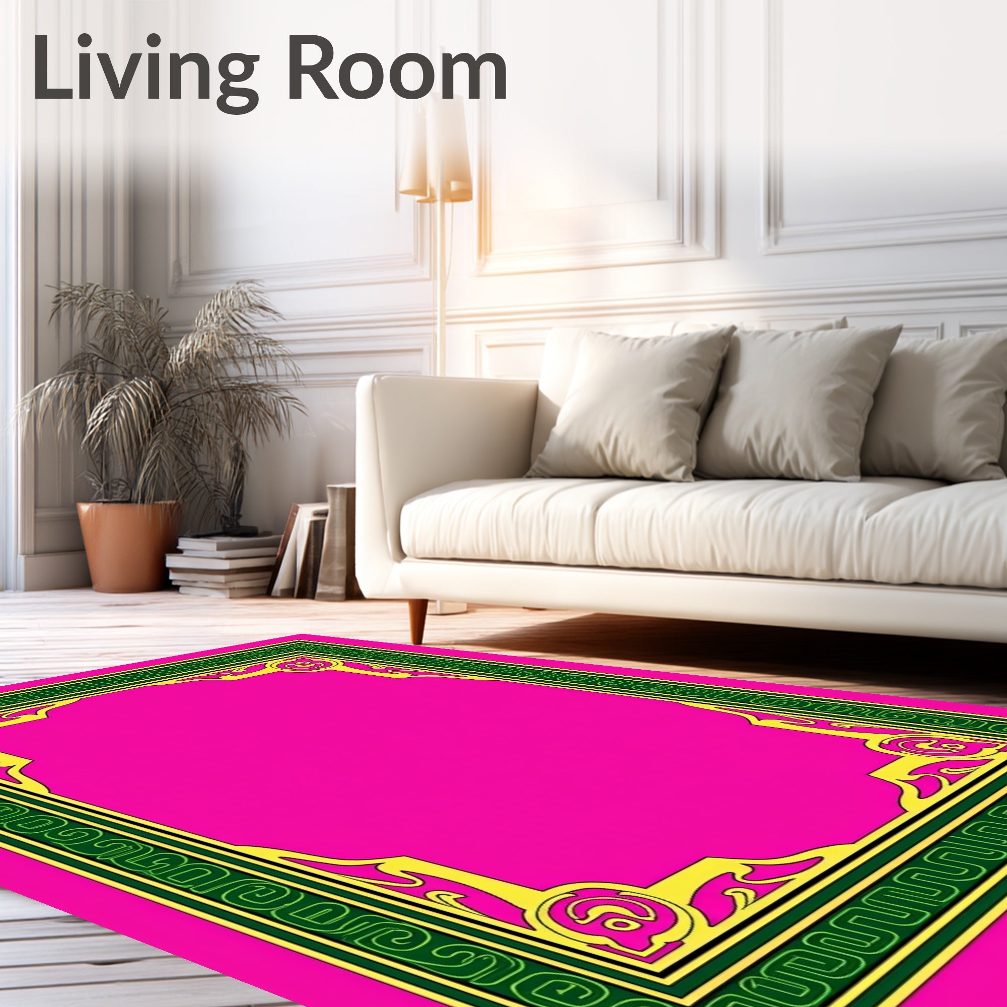 Vibrant Pink Green Yellow Filigree Frame Rug