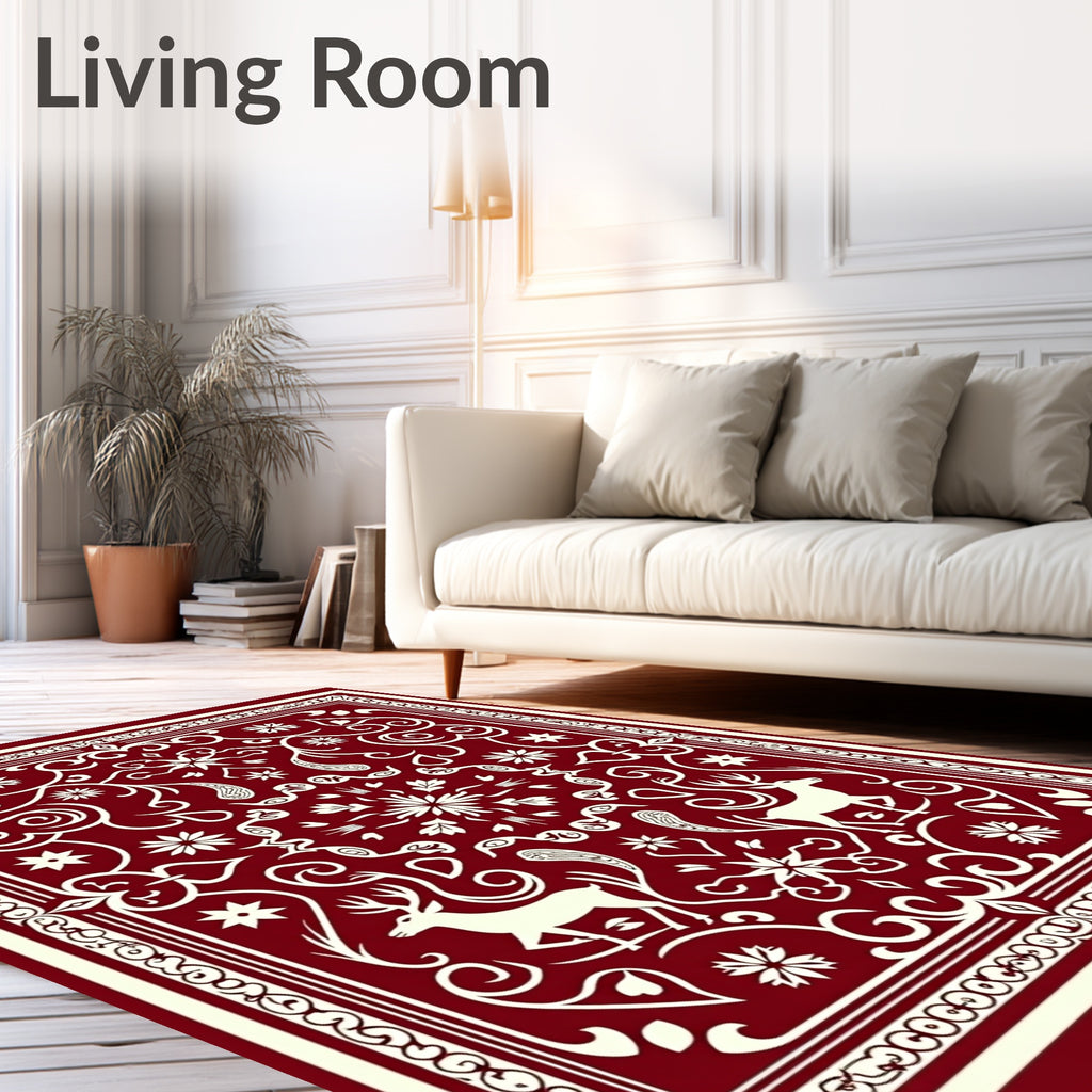 Crimson Deer Floral Mandala Rug
