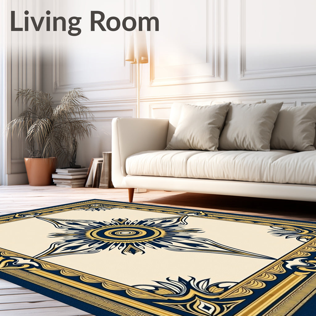 Navy Gold Sunburst Mandala Frame Rug