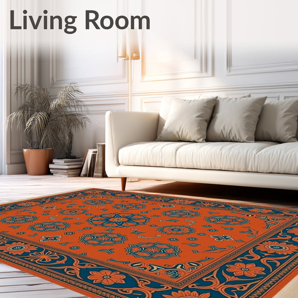 Orange Teal Medallion Floral Border Rug