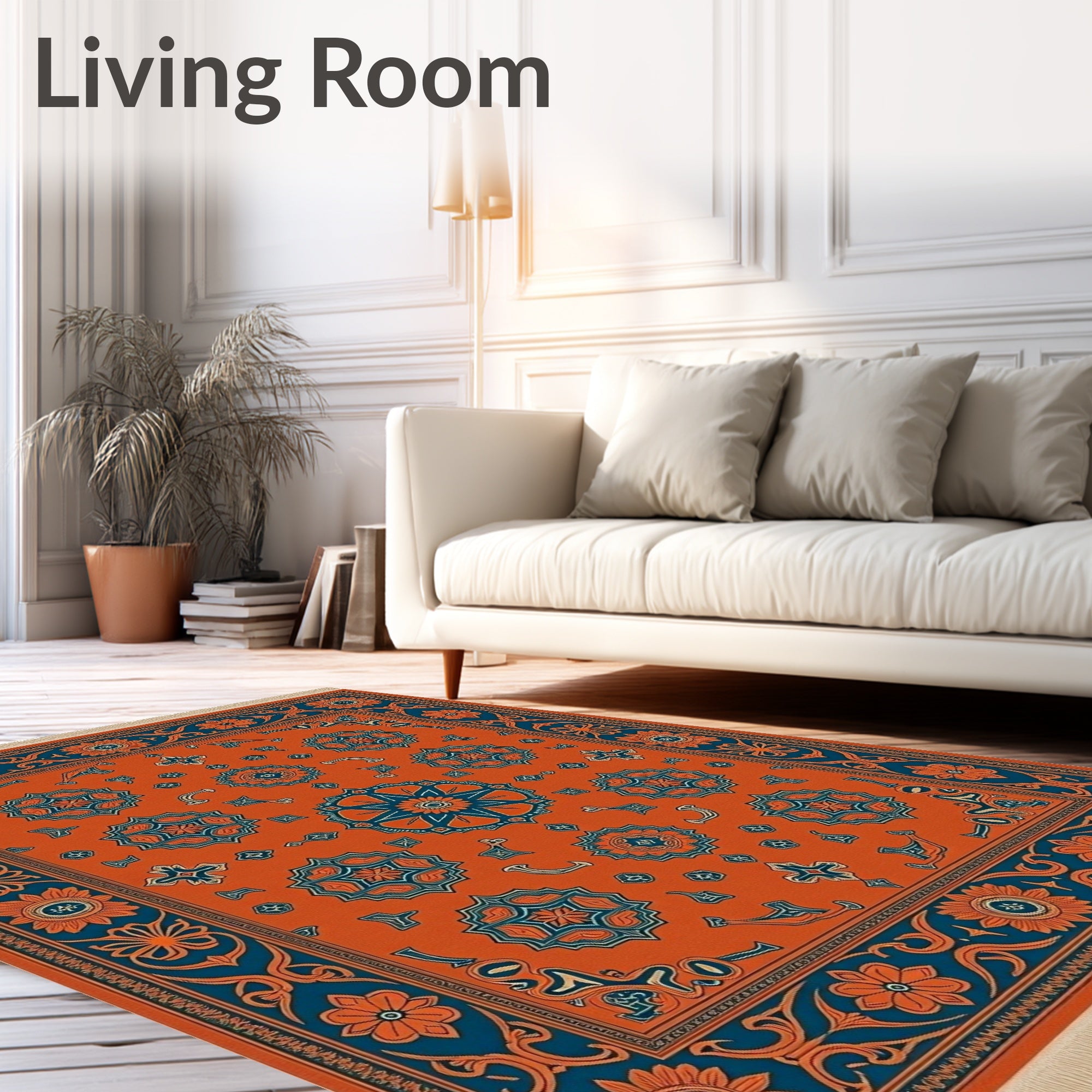 Orange Teal Medallion Floral Border Rug