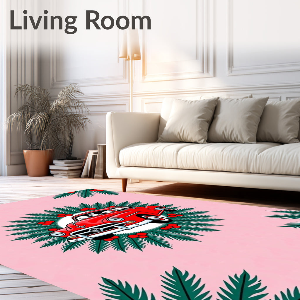 Retro Red Car Holly Wreath Rug