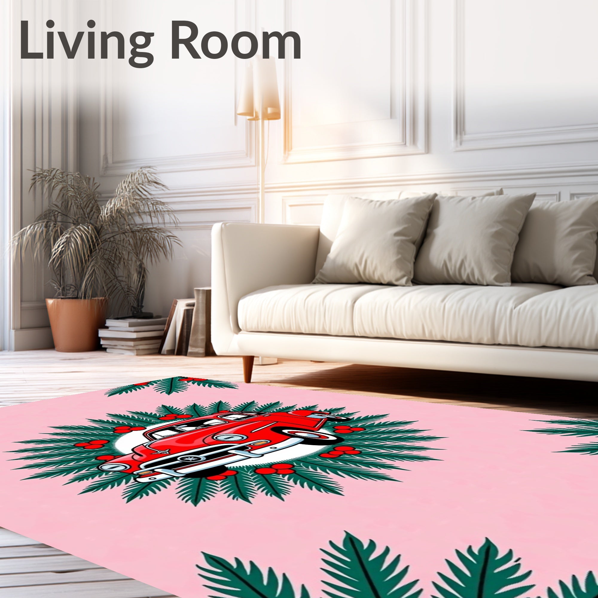 Retro Red Car Holly Wreath Rug