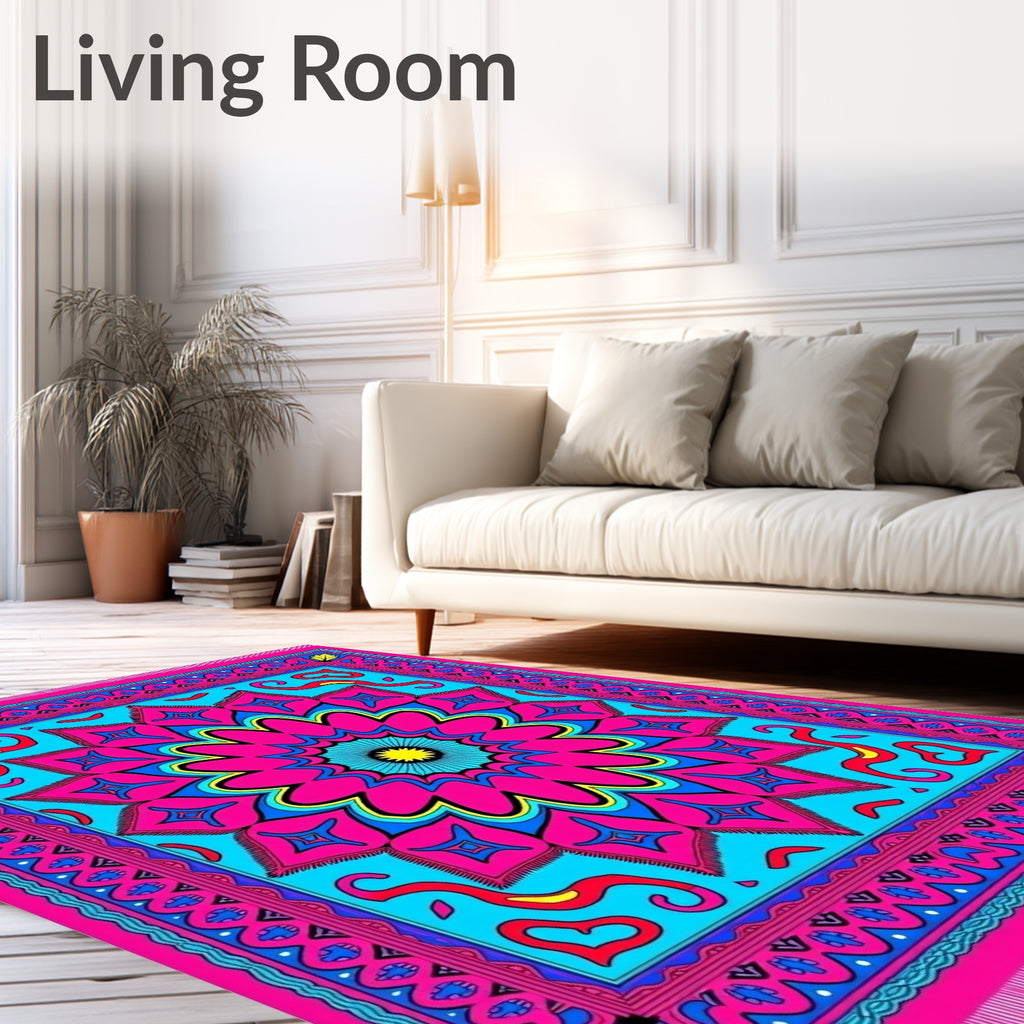 Vibrant Pink Blue Sunburst Mandala Rug