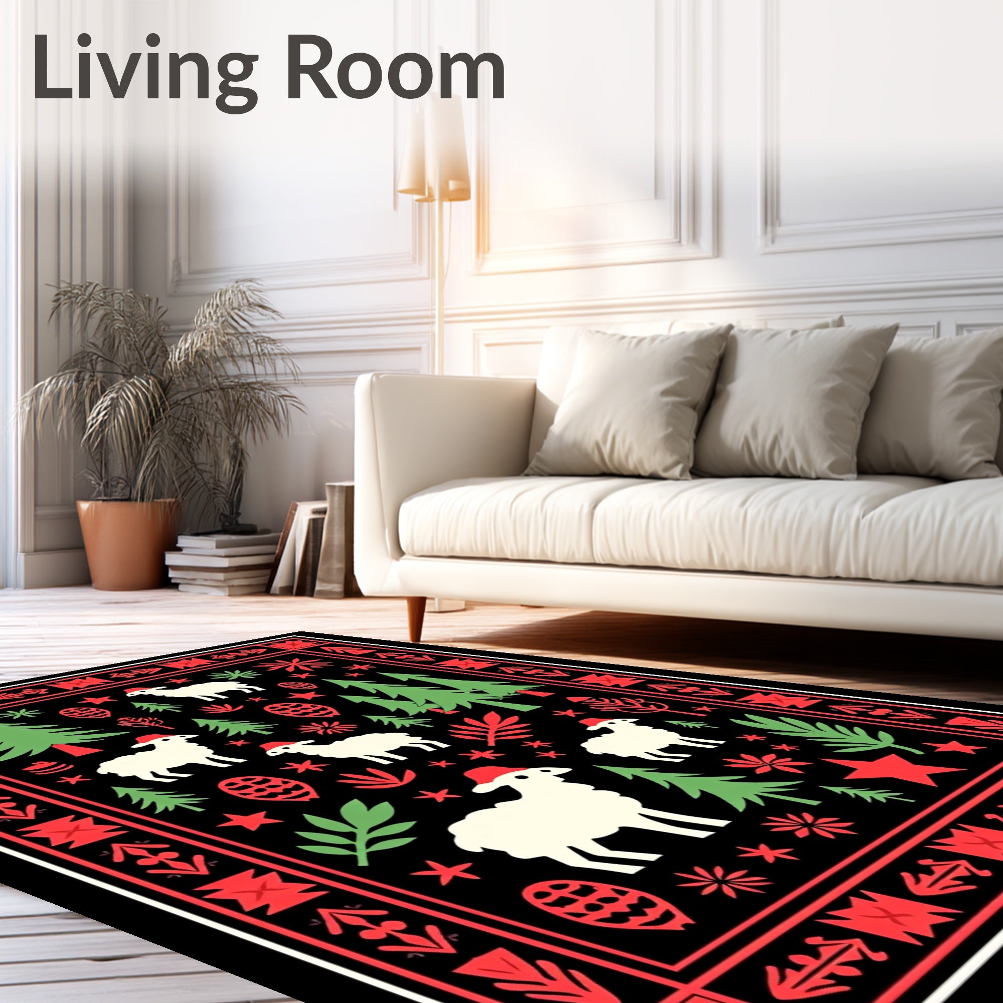 Festive Red Green Sheep Christmas Border Rug